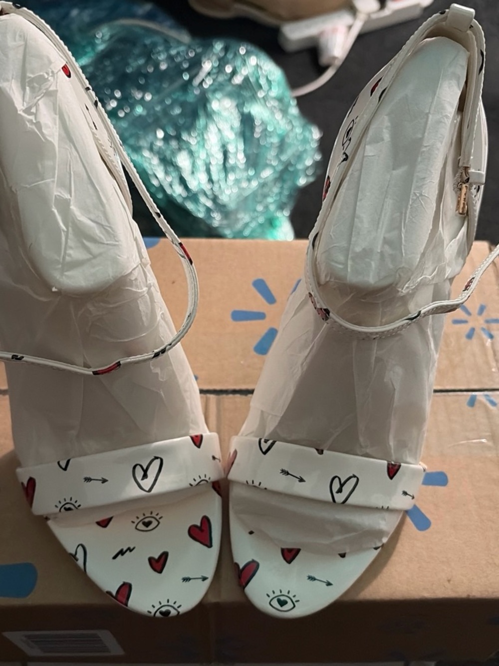 Aldo White Ankle-Strap Sandals with Red Heart & Black Eye Print
